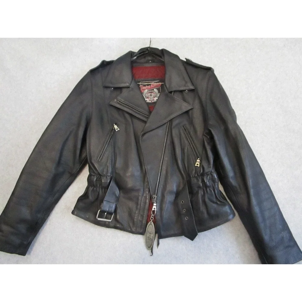 Flying Bikes Oakwood Leather Motorcycle Jacket Womens Large Black Quilted Belted